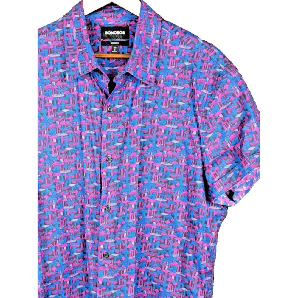 Bonobos Riviera Mushroom Print Short Sleeve Button Down Shirt Long XL Pink Blue